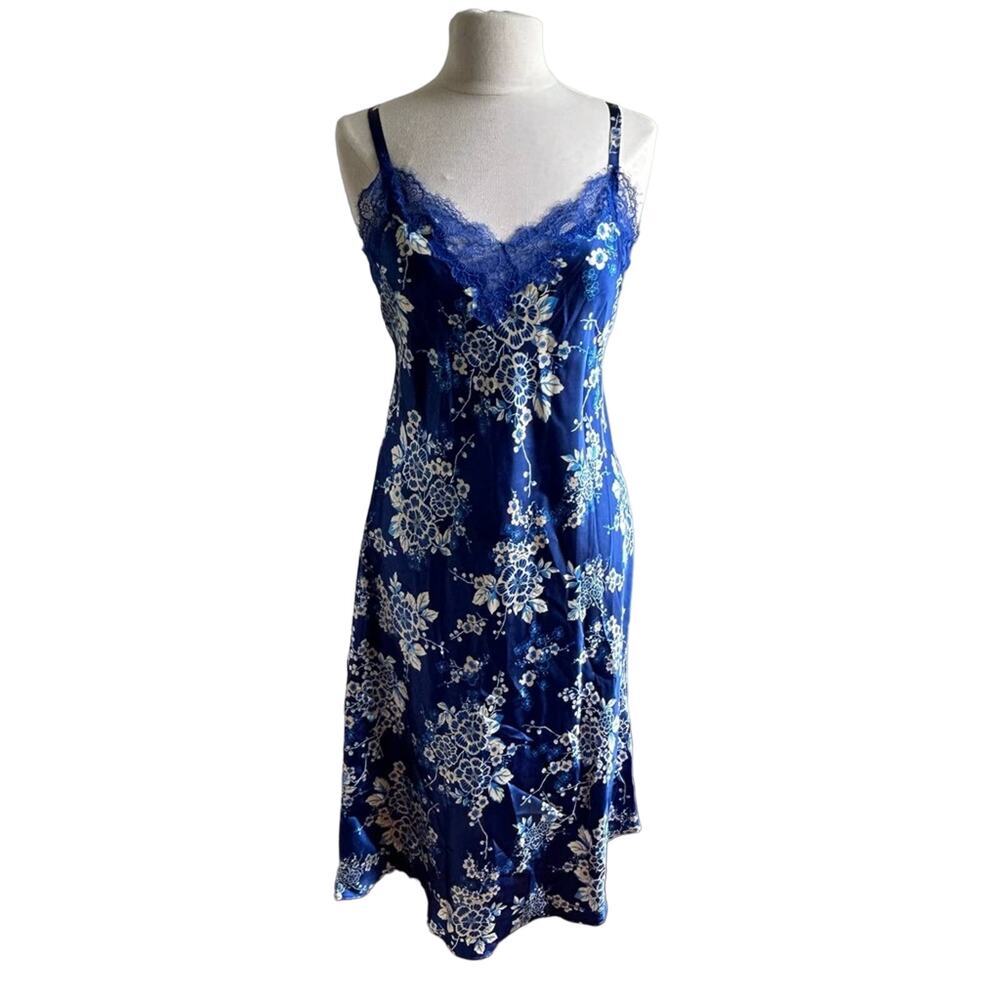 Jones New York Blue Floral Retro Midi Slip Dress